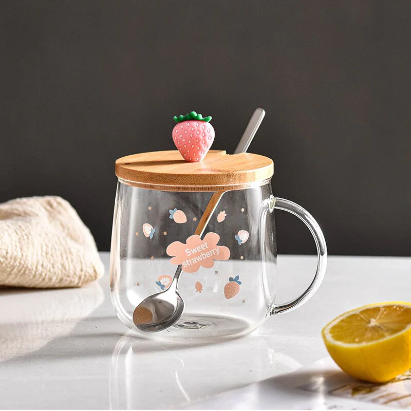 HULIANFU Novelty 3d Lid Cartoon Strawberry Cute Water Glass Transparent Milk Juice Drinkware Cup Mug Drinking Borosilicate Glasses Coffee - Deanwangkt