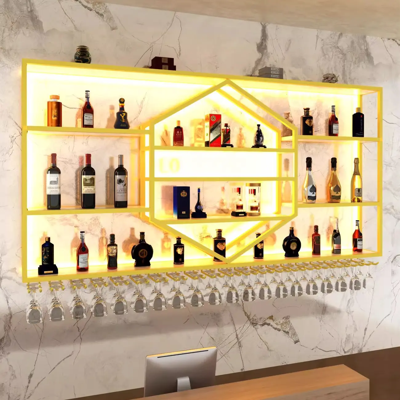 Geometric Metal Black Floating Wine Rack with Light