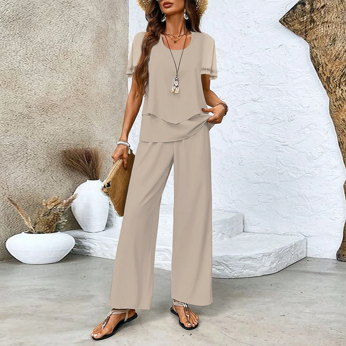 Brown Round Neck Short Sleeve Two Piece Set