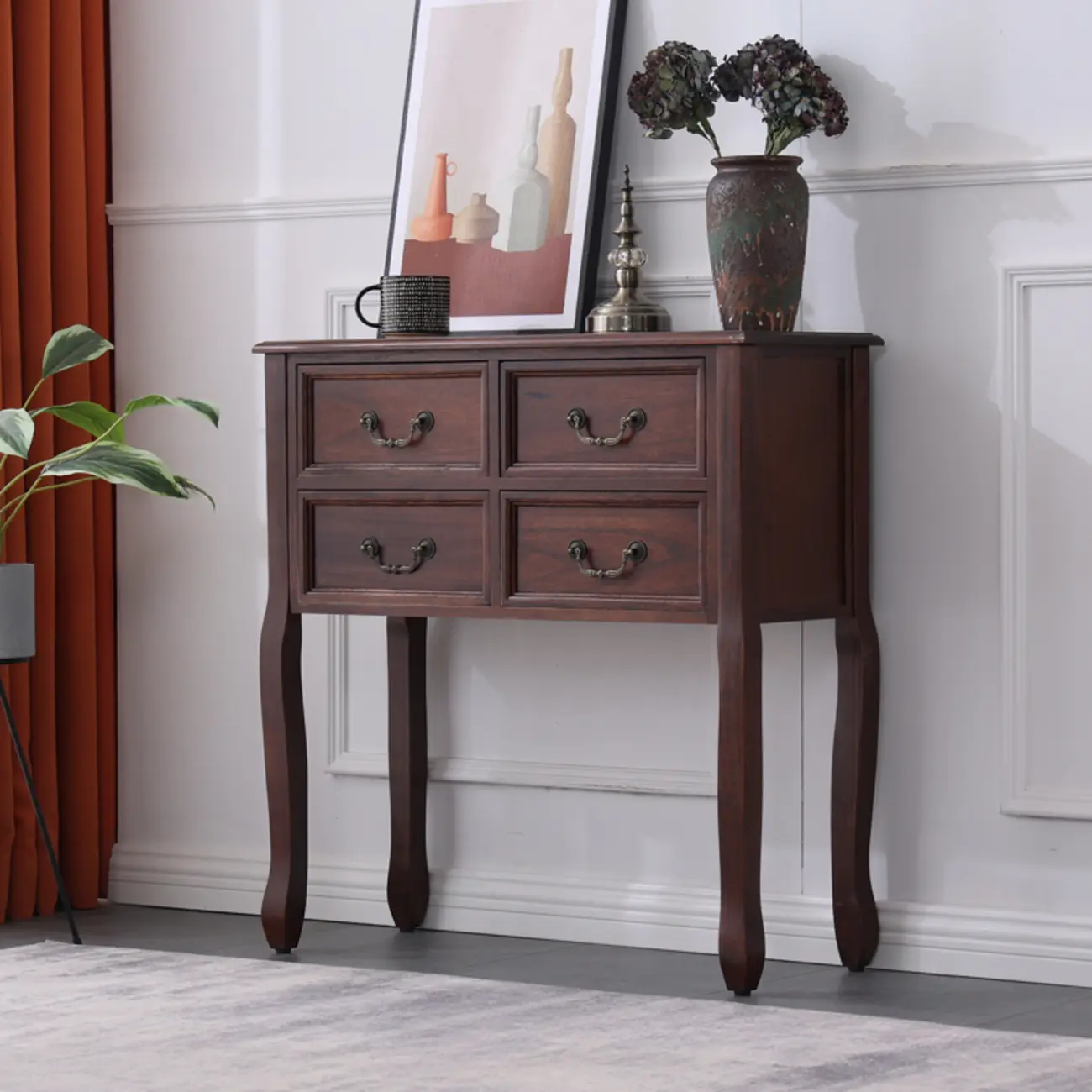Rectangular Dark Walnut Console Table with Drawers