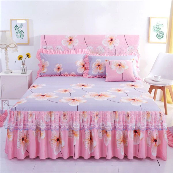 HULIANFU  3pcs set Elegant floral bed skirt skin-friendly cotton lace bedding home decor bedspreads queen pink king size bed cover - Deanwangkt