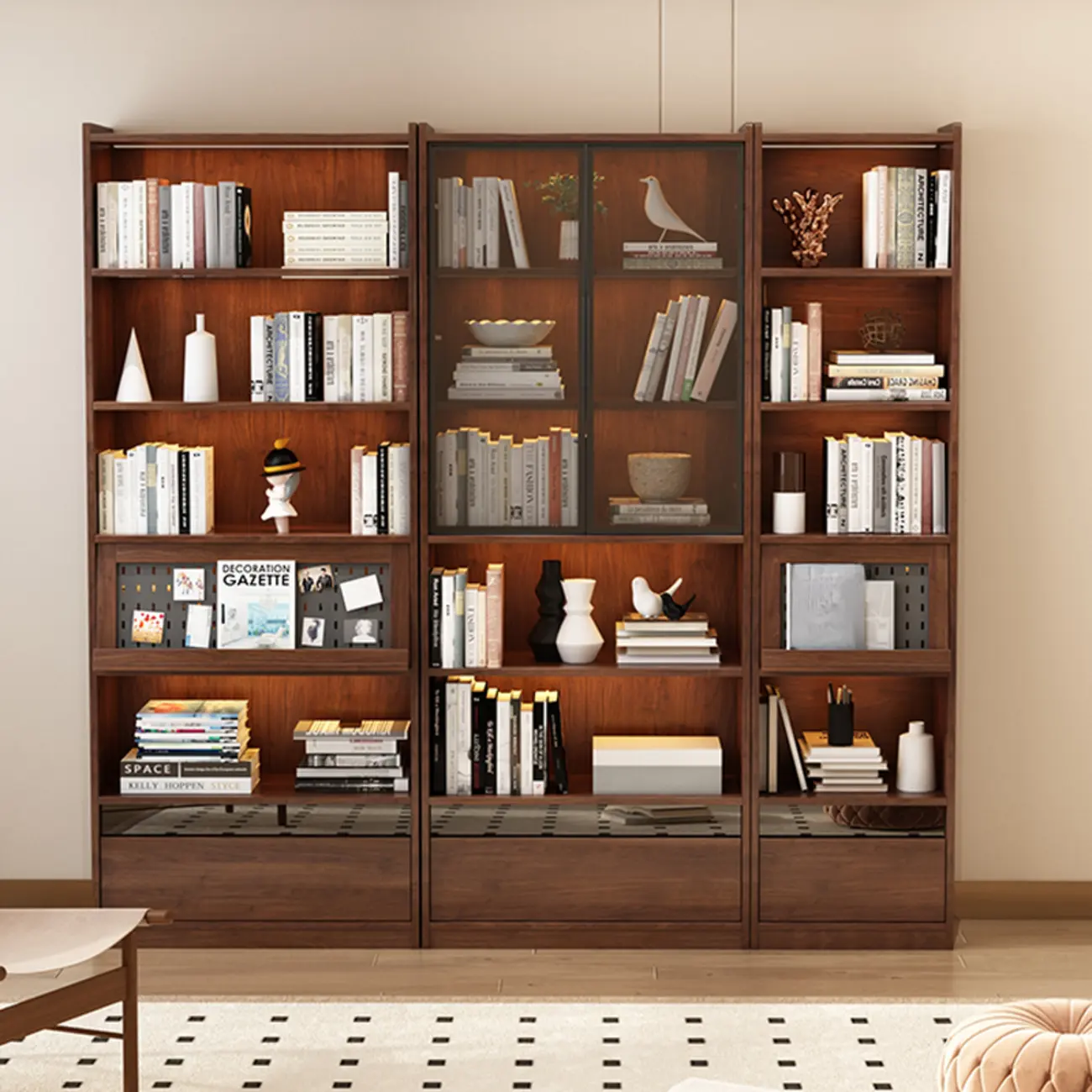 Mid Centyury Tall Brown Vertical Wood Bookcase with Drawers