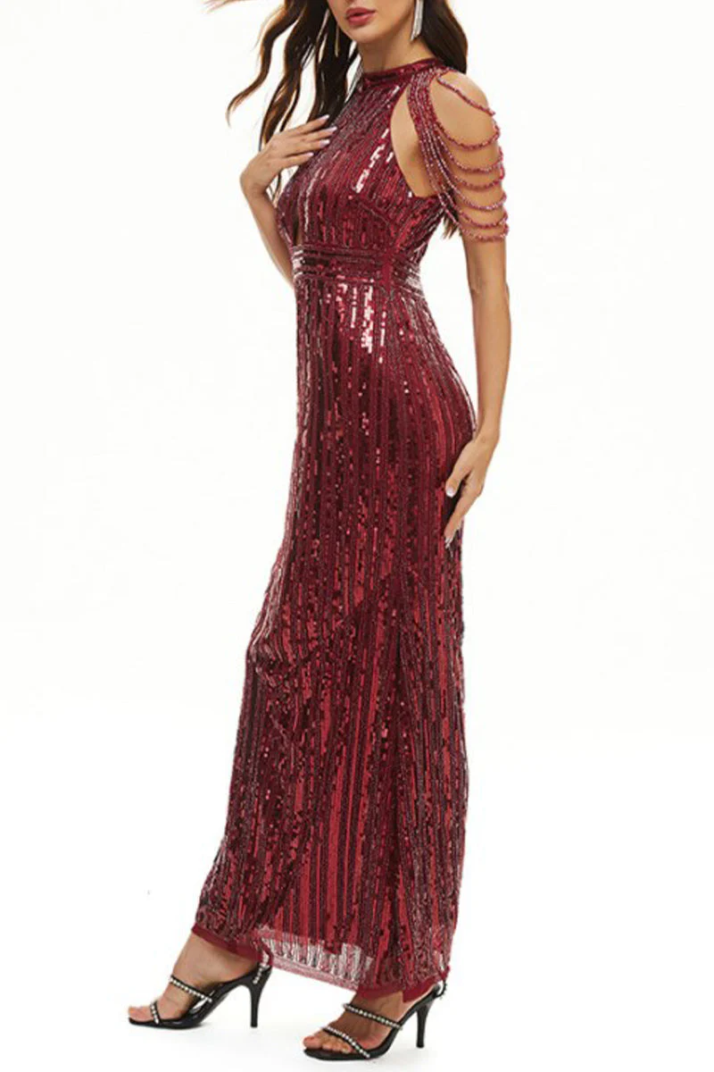 hulianfu Celebrities Elegant Solid Sequins Patchwork O Neck Evening Dress Dresses - Deanwangkt