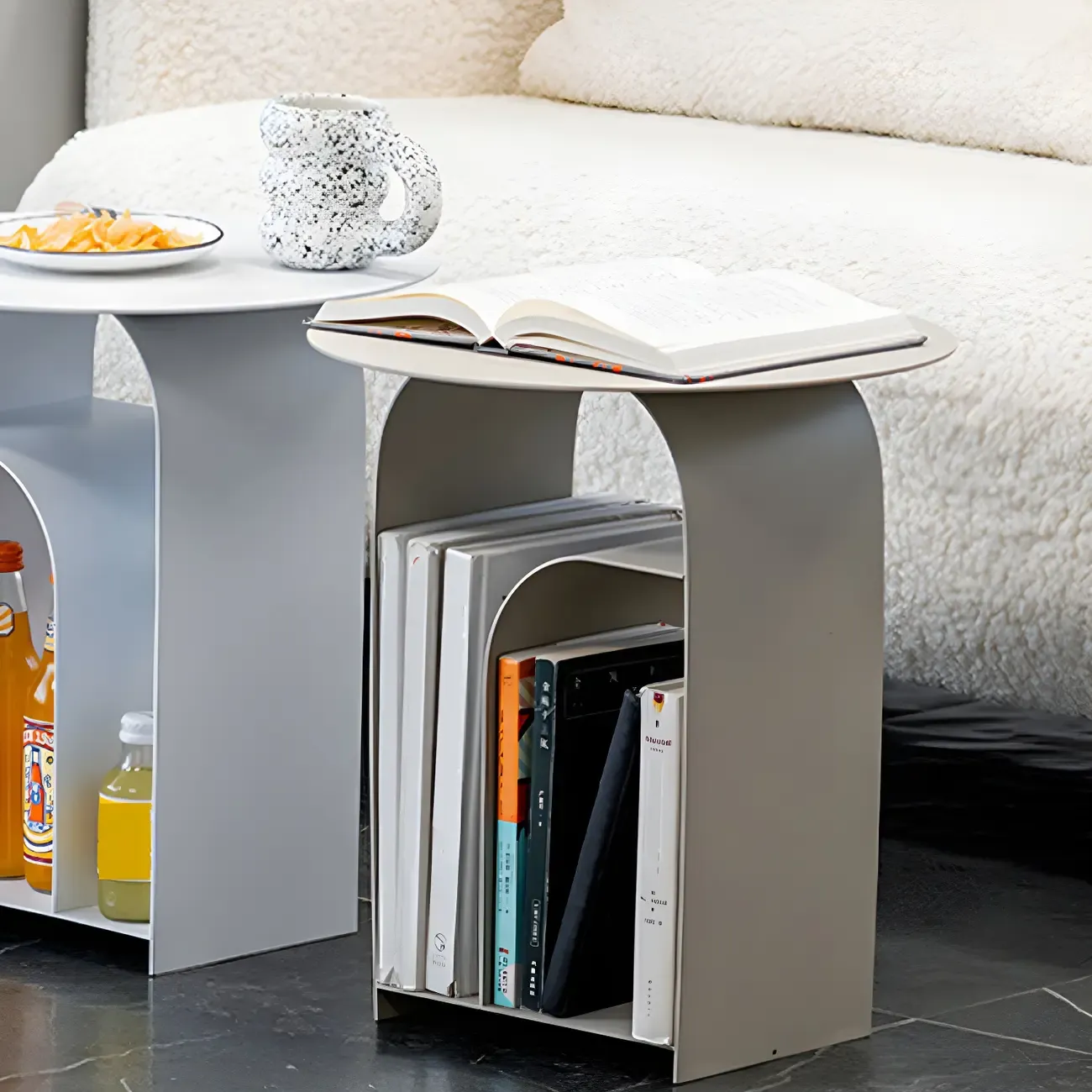 Industrial Narrow White Metal Bedside Table with Round Top