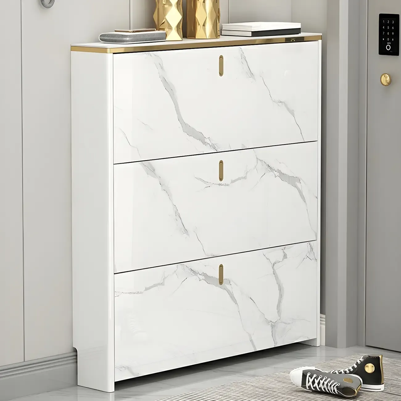 White Glam Narrow Drop Front Shoe Cabinet for Entryway