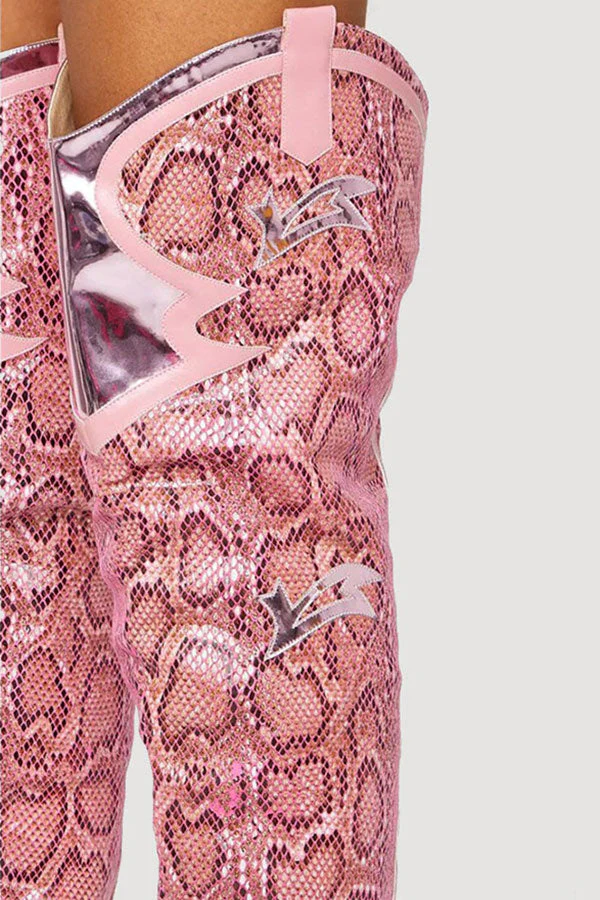 hulianfu Pink Snake Print Patchwork Modern Boots - Deanwangkt