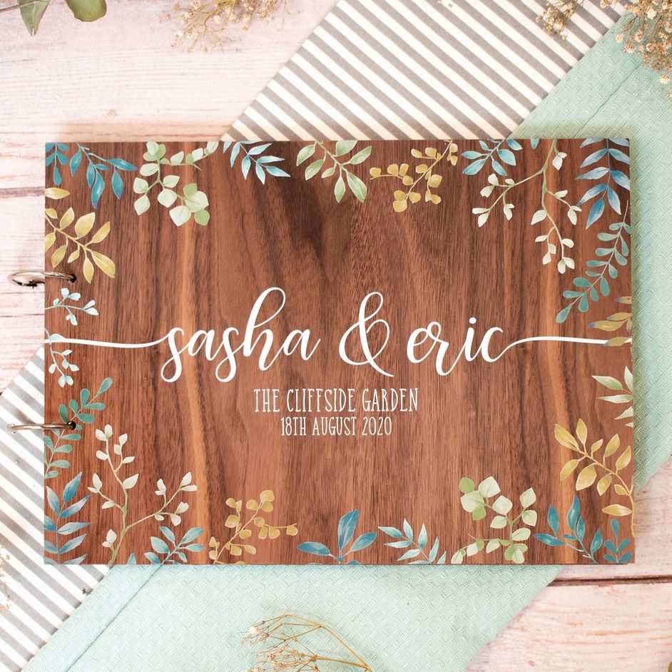 HULIANFU Wedding guest books Album,alternative unique guestbook,personalized guest book,green foliage eucalyptus,wooden guest book Gift - Deanwangkt