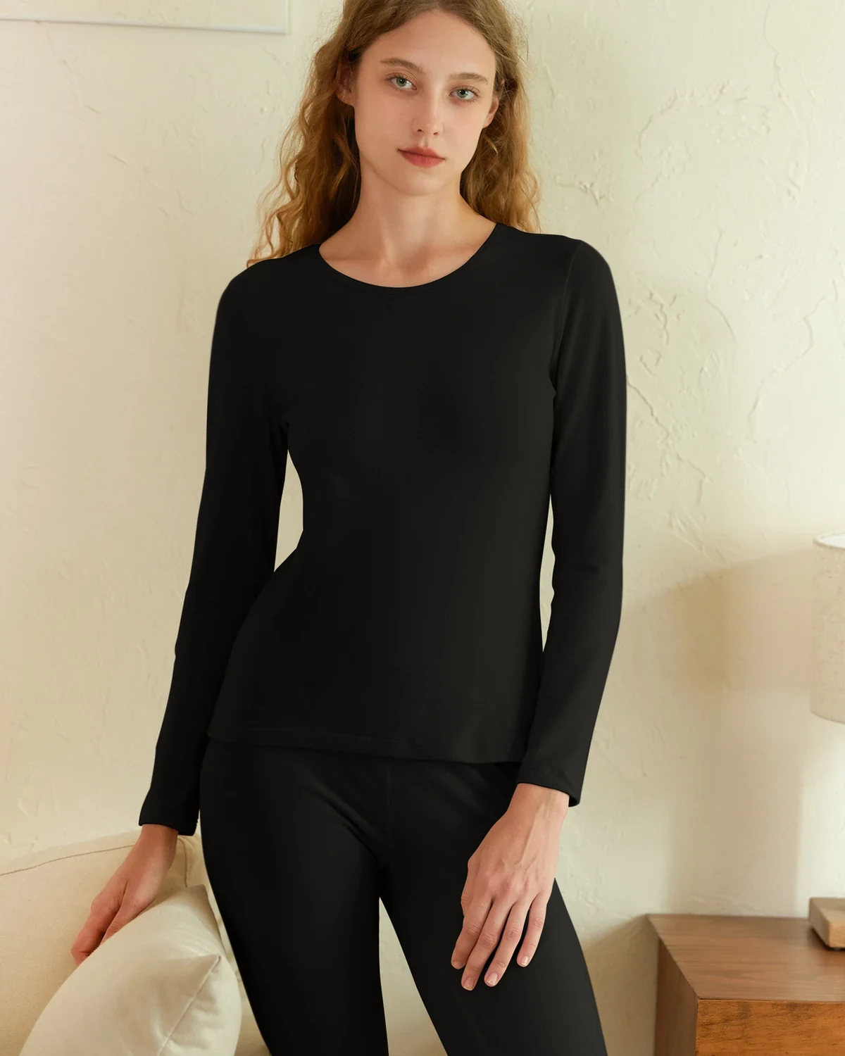 Fall/Winter cotton lightweight fleece round-neck thermal underwear set for couples, long-sleeve long-pants base layer set for men and women