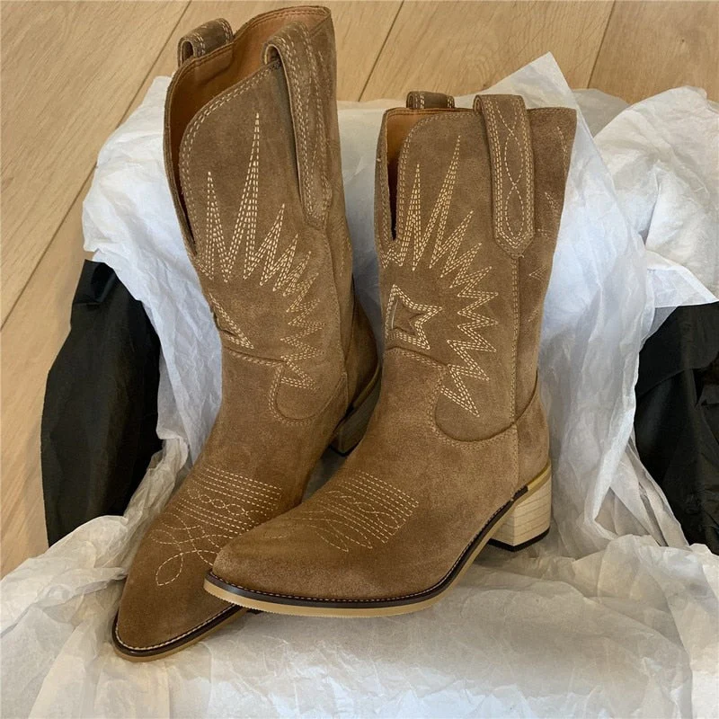 Natural Embroidered Women Boots Leather Handmade Pointed Toe Spike Heel Autumn Winter Boots Cowboy New Western Retro Botas - Deanwangkt