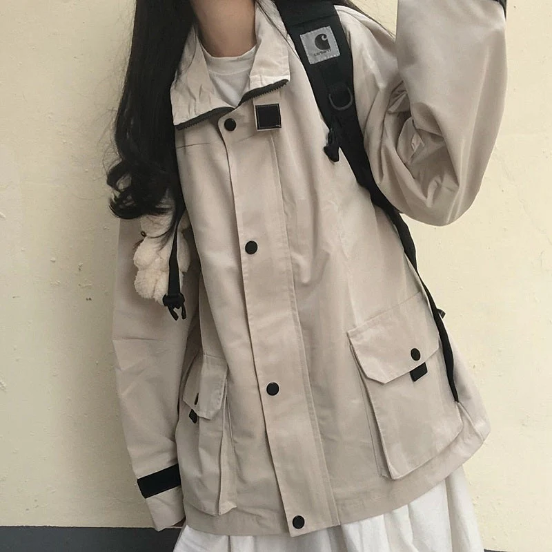 Basic Jackets Women Chic All-match Retro Solid Zipper Design Ulzzang Lovely Fashion Teens Overcoats Daily Vintage Womens Outwear - Deanwangkt