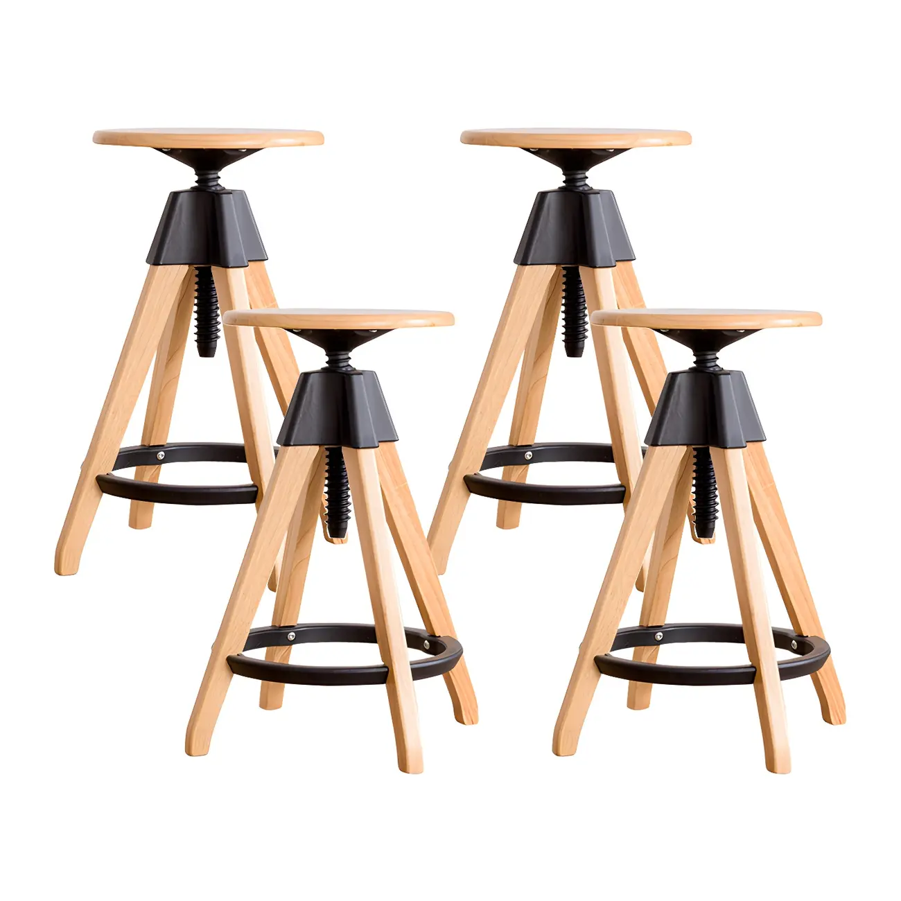 Adjustable Brown Wooden Swivel Backless Bar Stools