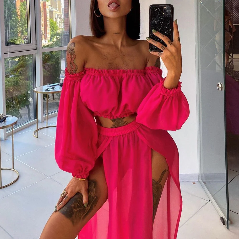 Women Mesh Sheer Bikini Cover-ups Set See-through Long Sleeve Crop Tops and Cover Up Skirts Two Piece Swimwear Beach Dresses - Deanwangkt