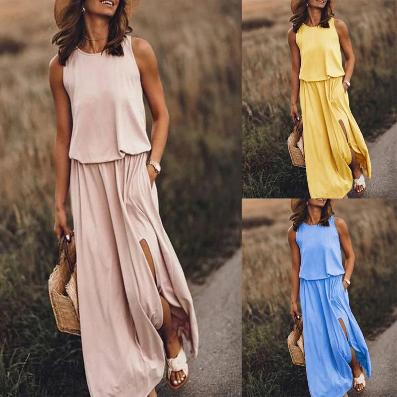 hulianfu Summer Solid Long Dress Women Casual Sleeveless Elastic Waist Side Slit Maxi Dresses Female O-Neck Loose Tank Dress Sundress - Deanwangkt