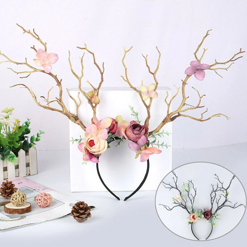 HULIANFU 2026  Christmas Headband Antlers Deer Horns Fairy Tale Flower Tree Branch Retro Hair Hoop Crown Festival Party Props Xmas Costume - Deanwangkt