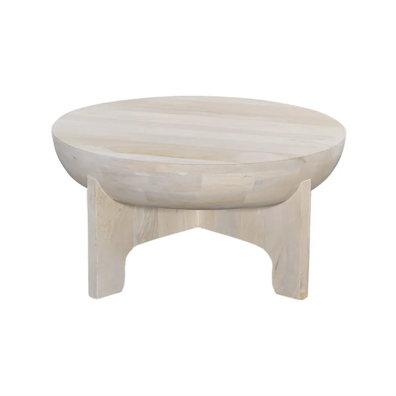 Tomas 32 Inch Coffee Table, Mango Wood Drum Top, Classic Washed White
