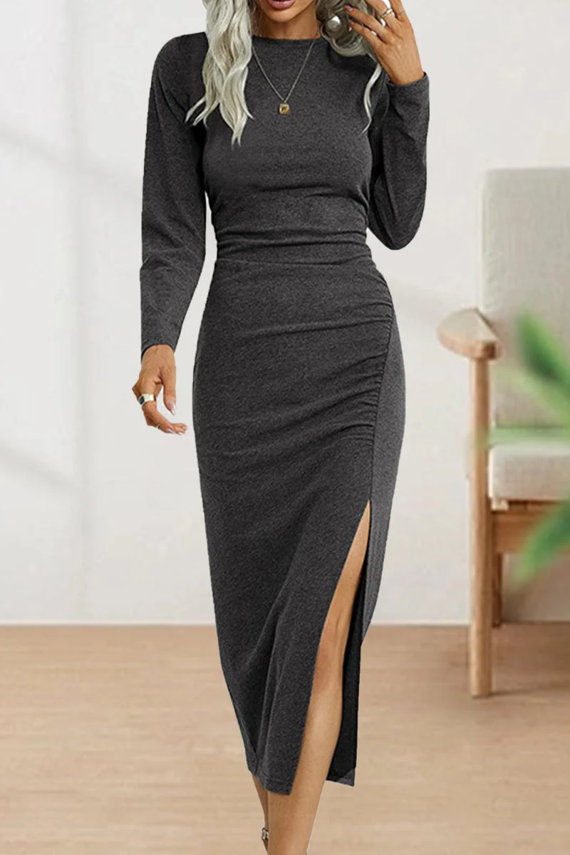 hulianfu Sweet Elegant Solid Fold O Neck Sheath Dresses(6 Colors) - Deanwangkt