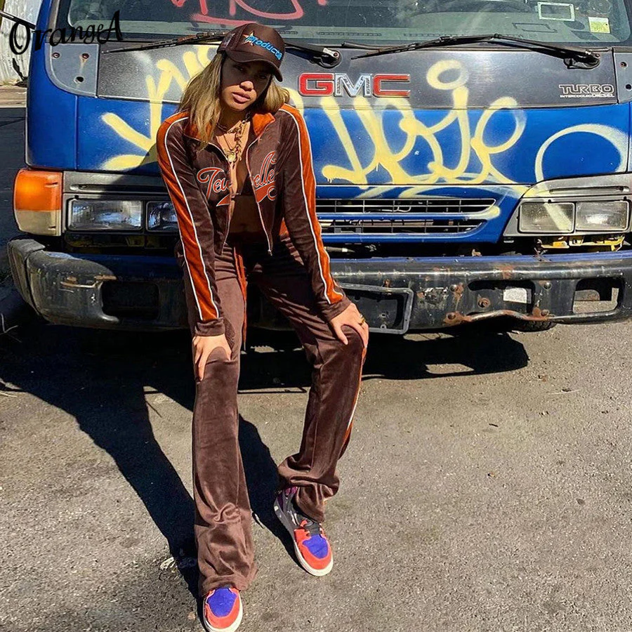 Hulianfu Letter Print Velvet Tracksuit Women 2 Piece Sets Fashion Outfits Female Zipper Sport Activitywear Suits Leisure Streetwear Moda - Deanwangkt