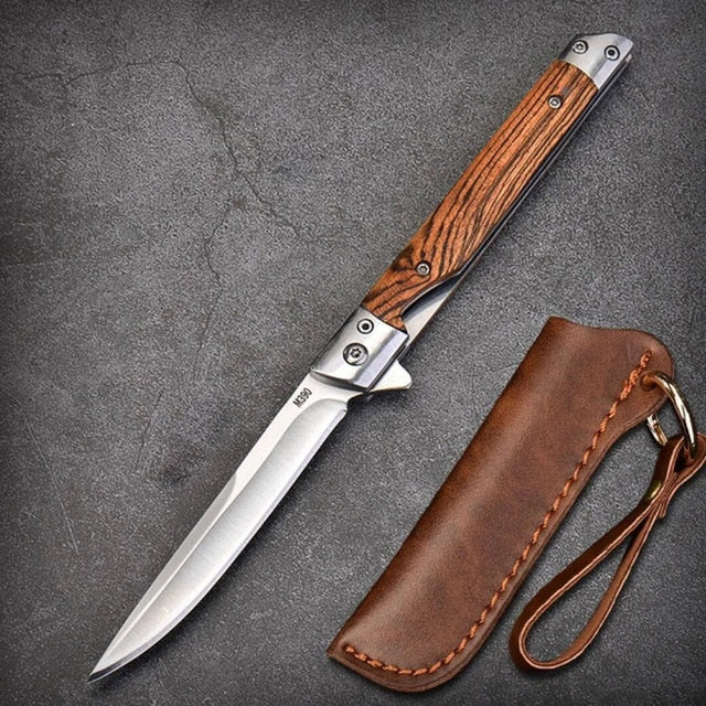 HULIANFU M390 Steel Folding Knife with Holster Wooden Handle Damascus Pattern High Hardness Outdoor Hunting Knife  Camping Survival Tools - Deanwangkt