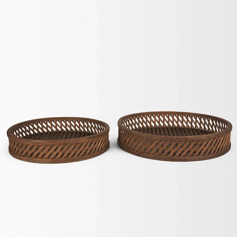 Thala Medium Brown Round Wicker Tray (Set of 2) - 20.5L x 20.5W x 4.3H