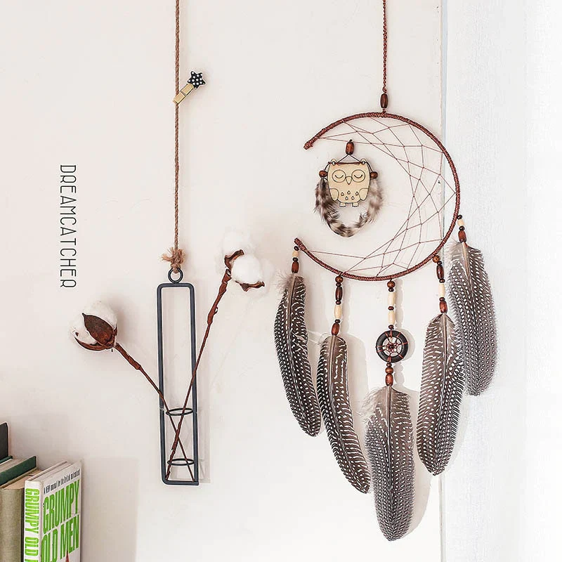 HULIANFU Original silver gray dream catcher 2 ring Indian feather hanging art gifts to bestie friends creative valentine's day gifts - Deanwangkt
