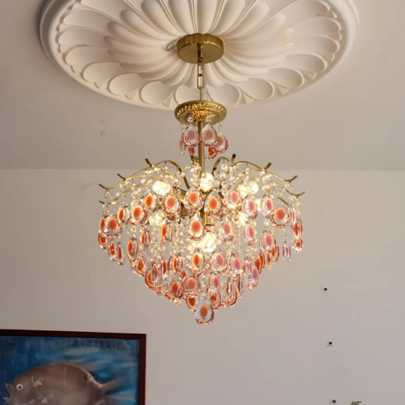 Gold Crystal Chandelier with Beads and Modern Elegant Design