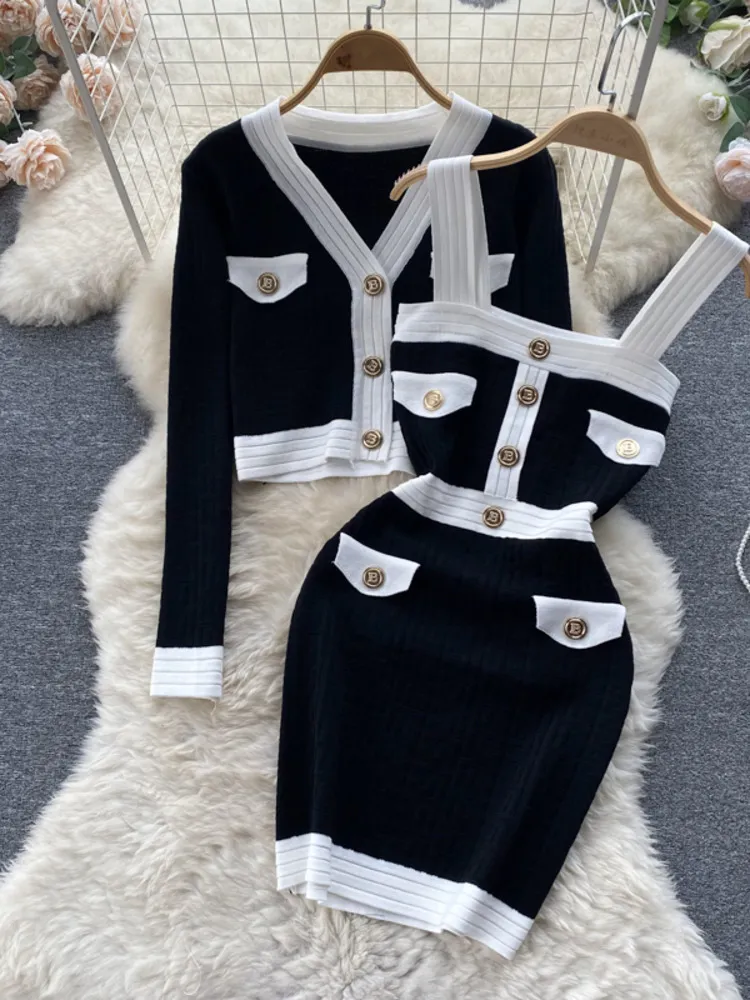 Two Piece Dress Autumn Womens es Knitwear Suits Small Fragrance Knitted Cardigan Coat Suspender Knit Streetwear Sets 221115 - Deanwangkt