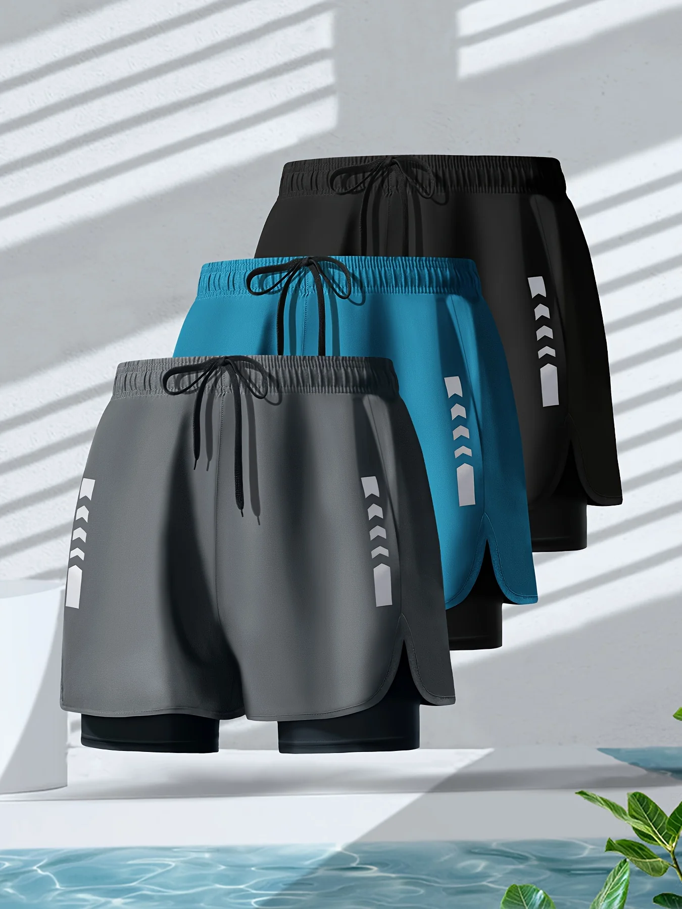 3-Piece Men's 2-in-1 Double Layer Breathable Stretch Shorts for Summer Gym Workout Training - Deanwangkt