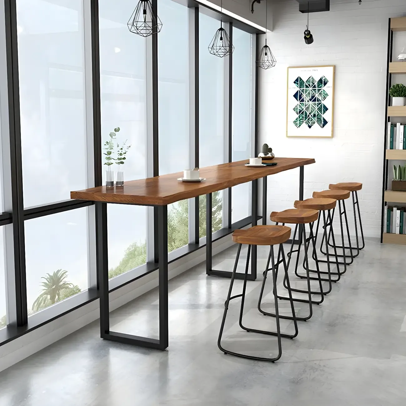 Pine Wood Rectangular Metal Base Bar Table Brown