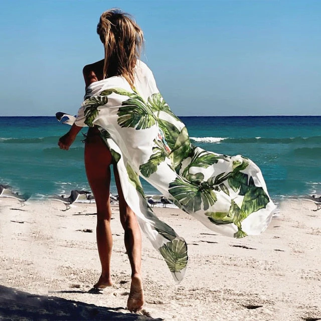 Leaves Print Bikini Beach Cover up Tunics for Beach Long Kaftan Bikini Cover up Robe de Plage Sarong Beach Swimsuit cover-ups - Deanwangkt