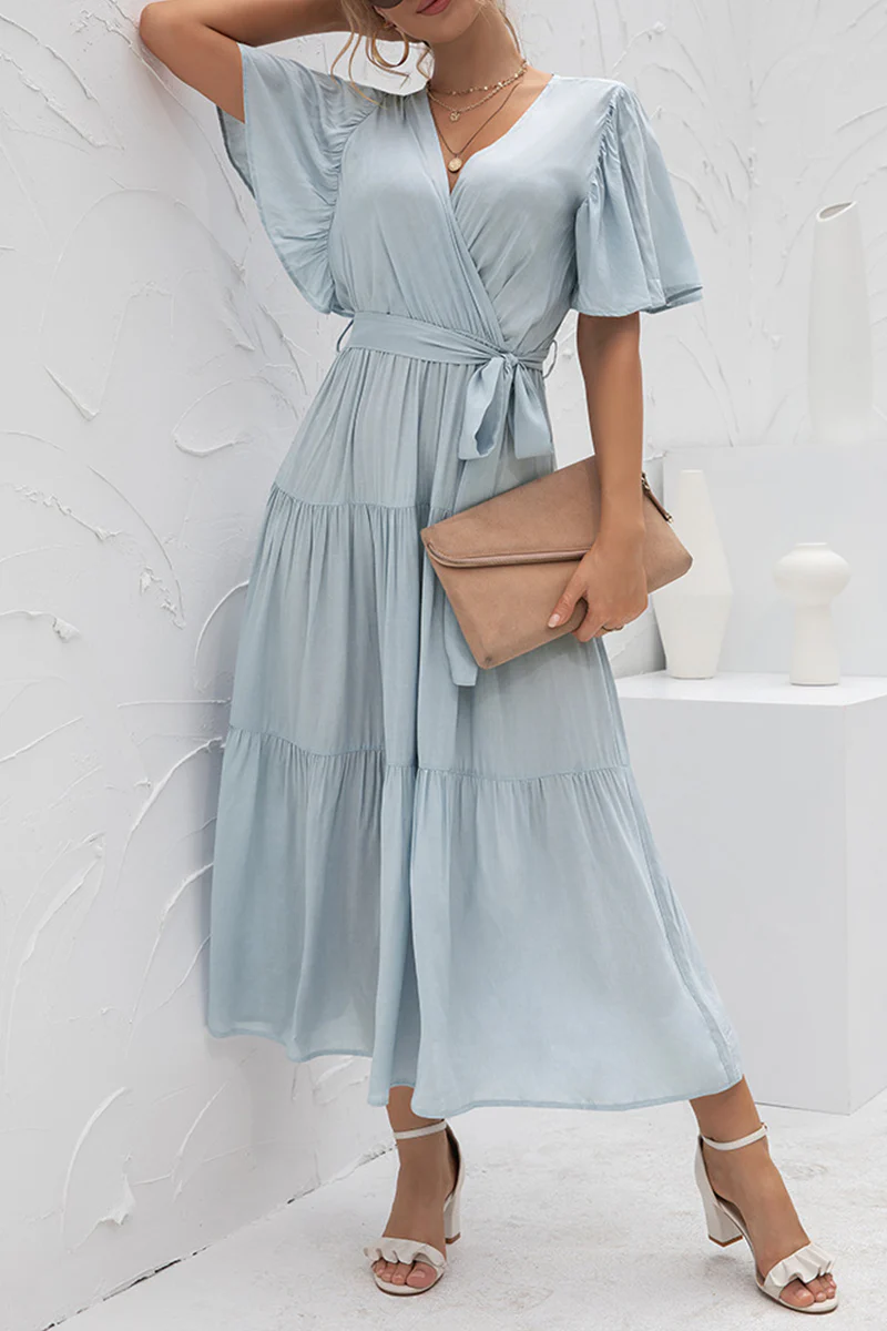 hulianfu Elegant Solid Patchwork With Belt V Neck Cake Skirt Dresses - Deanwangkt