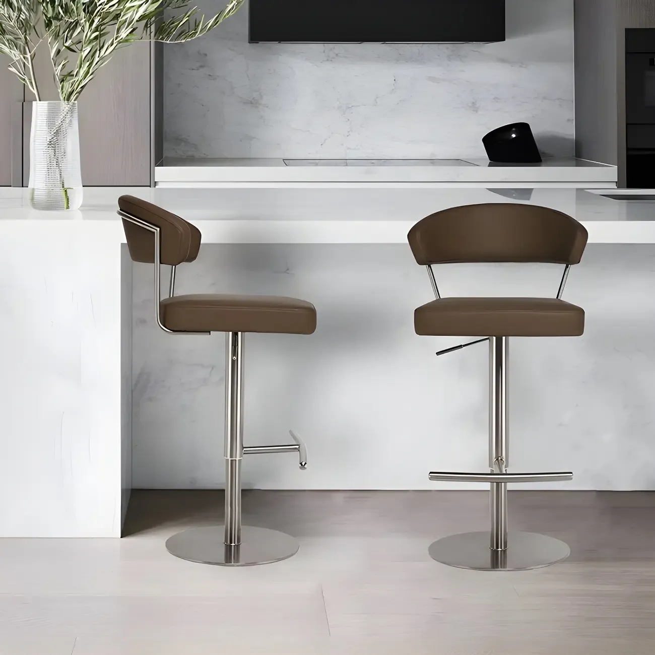Modern Upholstered Leather Swivel Bar Stools with Adjustable Height