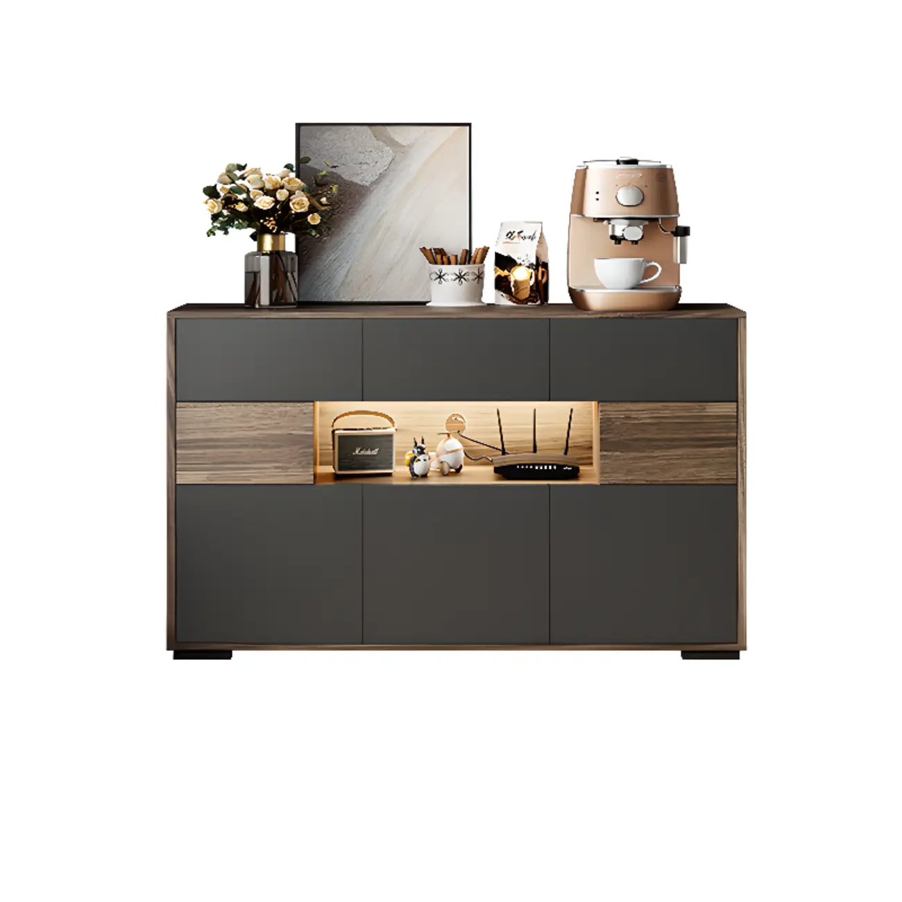 63 Black Wood Cabinet TV Stand with Open Shelving and Lights