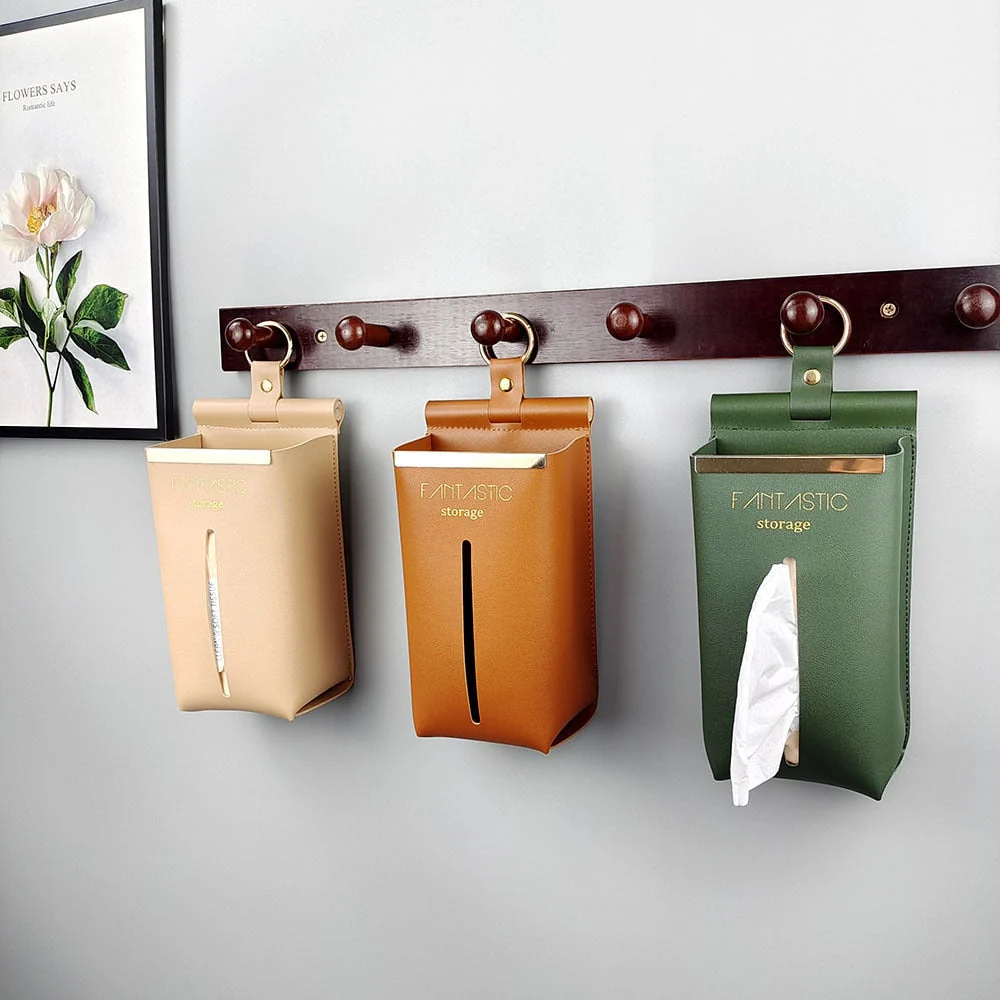 HULIANFU Leather PU Tissue Box Simple Toilet Tissue Bag Car Tissue Holder Removable Hanging Home Decorative Tissue Cover Kitchen Storage - Deanwangkt