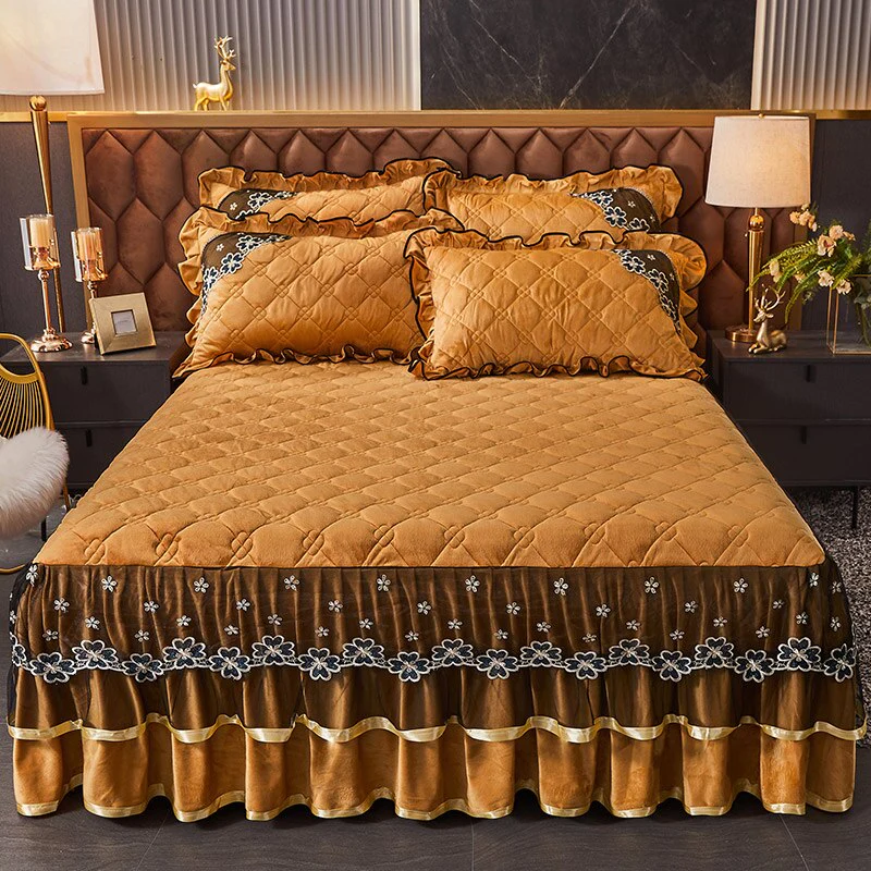 HULIANFU Luxury Super Soft Crystal Velvet Fleece Lace Ruffles Quilted Bed Skirt Mattress Cover Bedspread Pillowcase Bedding Home Textiles - Deanwangkt
