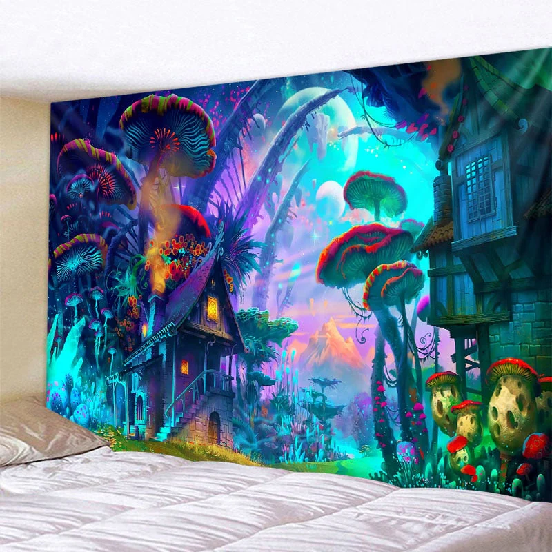 HULIANFU Psychedelic Mushroom 3D Printing Tapestry Hippie Fantasy Colorful Art Tapestry Mandala Bohemian Family Dormitory Wall Decoration - Deanwangkt