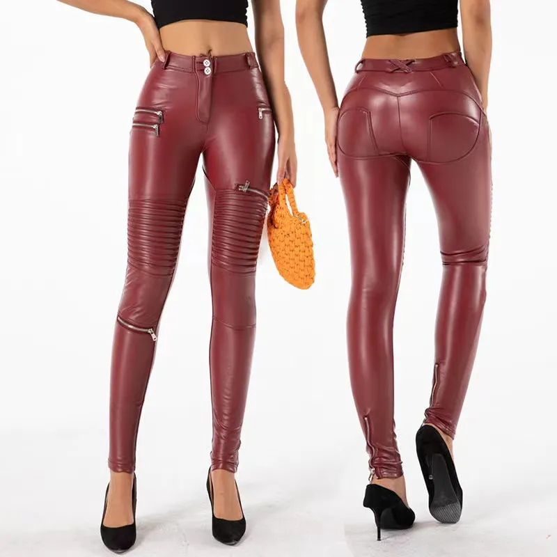 High Waist Faux Leather Moto Pants Women Punk Bodycon Stretchy Slim PU Trousers Streetwear Hip Pop Zip Pants Clubwear New Custom - Deanwangkt