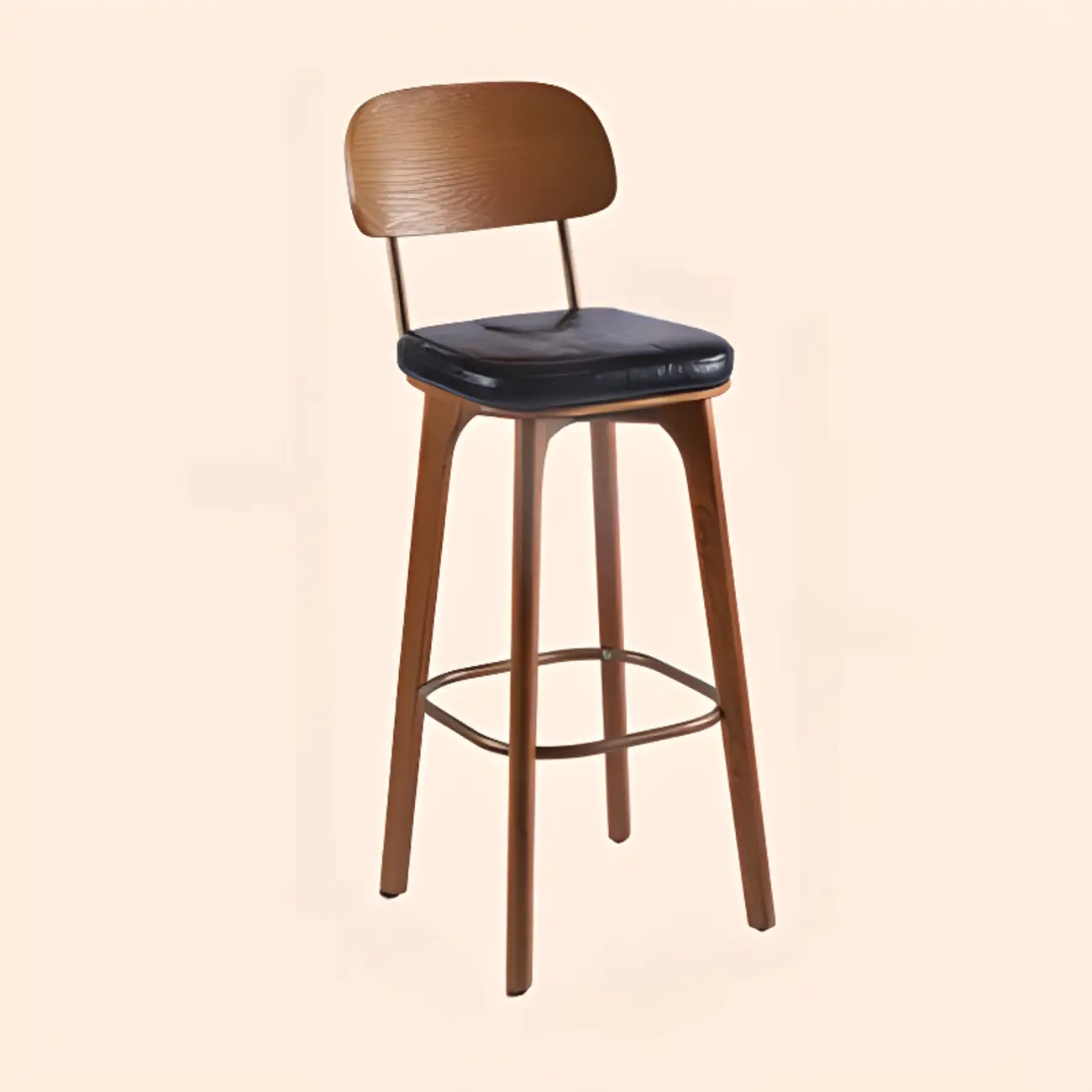 Mid-Century Modern Leather Square Bar Height Stools with Backs