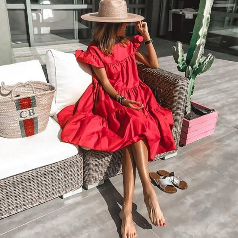 Summer Women'S Retro Loose 2xl Casual Round Neck Short Sleeve One-Piece Dresses - Deanwangkt