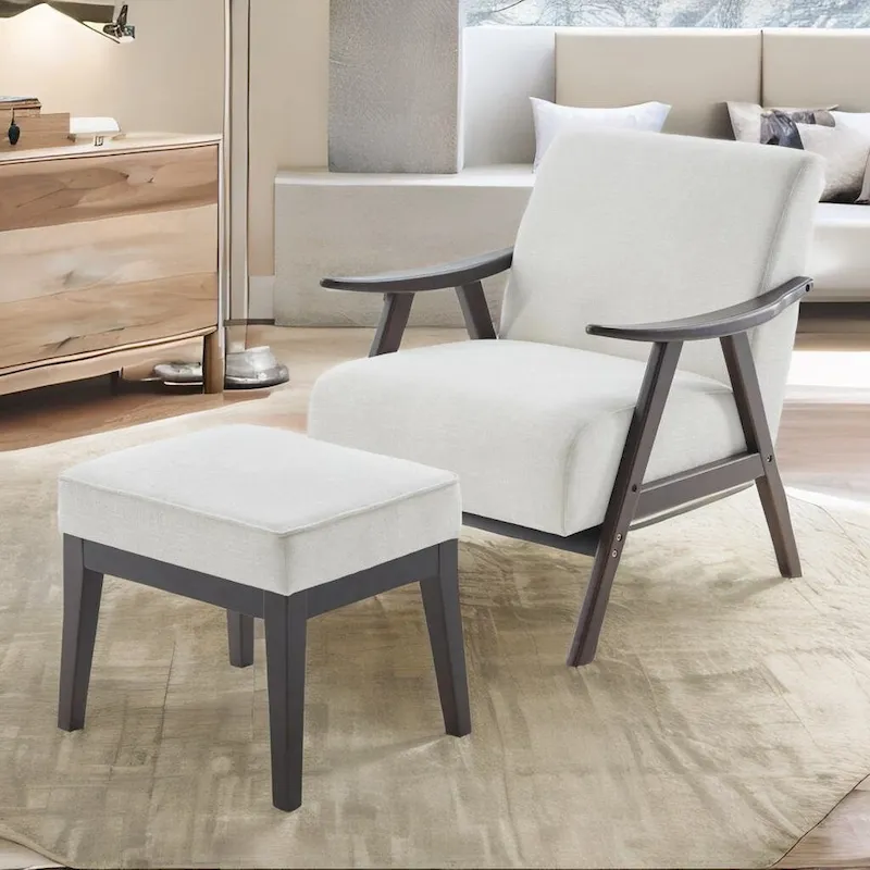 Mid Century 27.7 Upholstered Arm Chair with Solid Wood Frame and Ottoman