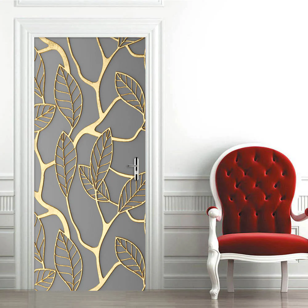 HULIANFU 2026  Simulation Of Gilt Leaves DIY Door Stickers Home Decoration Wall Sticker Kitchen Art Mural Peel & Stick Waterpoof PVC Wallpaper - Deanwangkt