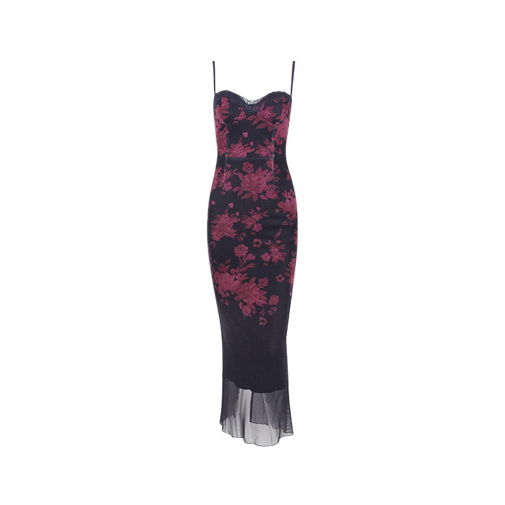 Hulianfu Floral Print Maxi Prom Dress Sexy Mesh Celebrity Evening Party Dresses Bodycon Spaghetti Strap Summer Women Dresses - Deanwangkt