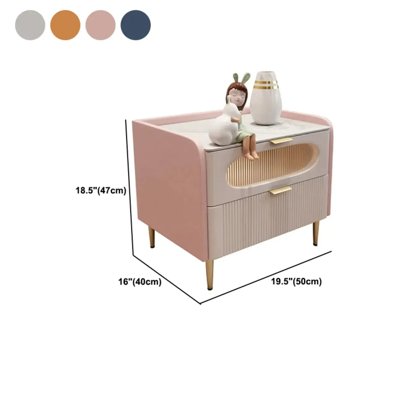 Modish Leather Bedside Table 2 Drawers with Stone Countertop