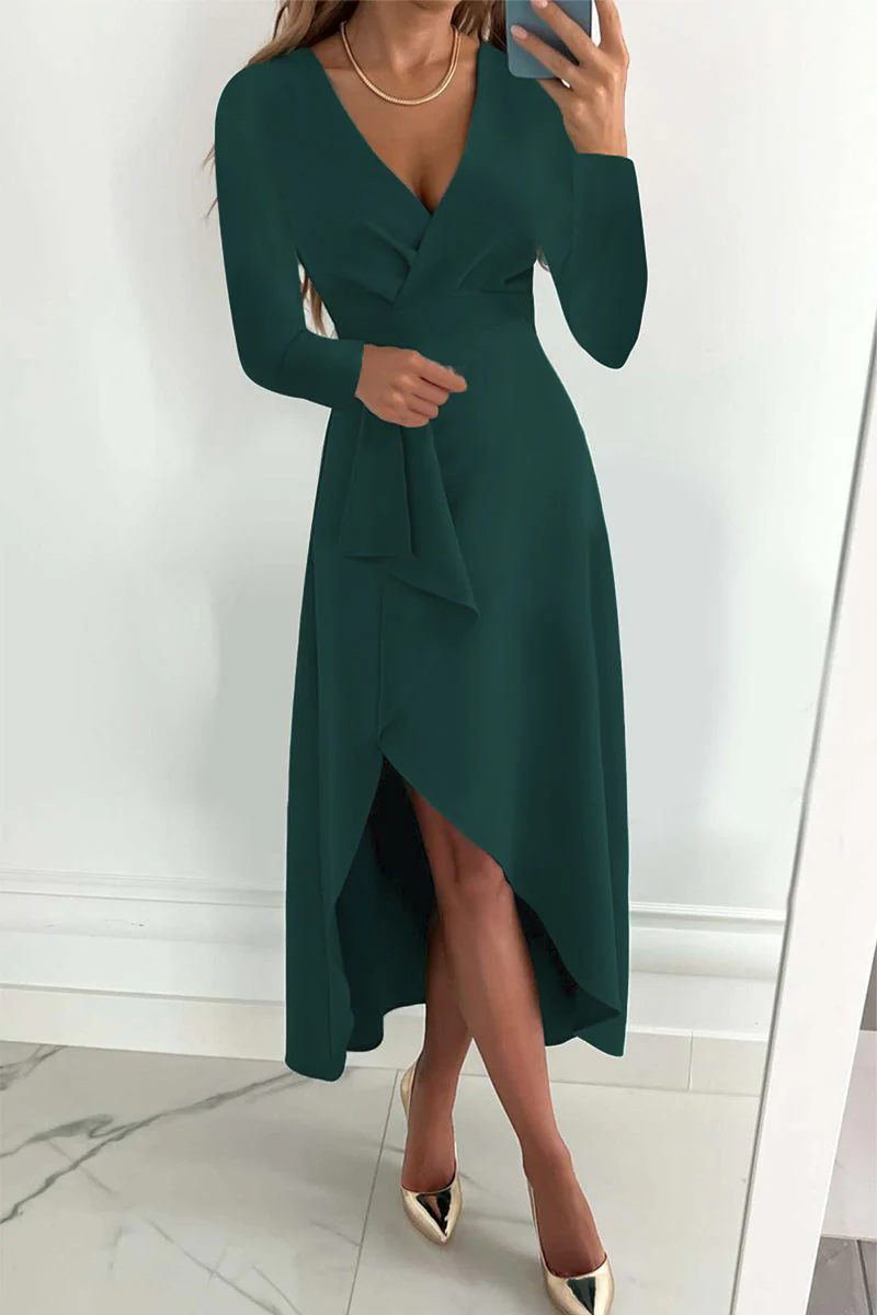 hulianfu Fashion Solid Patchwork V Neck Asymmetrical Dresses(5 colors) - Deanwangkt