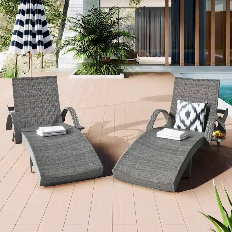 80  Outdoor Wicker Chaise Lounge Chairs Set of 2, Patio Rattan Reclining Chair Pull-out Side Table Adjustable Backrest