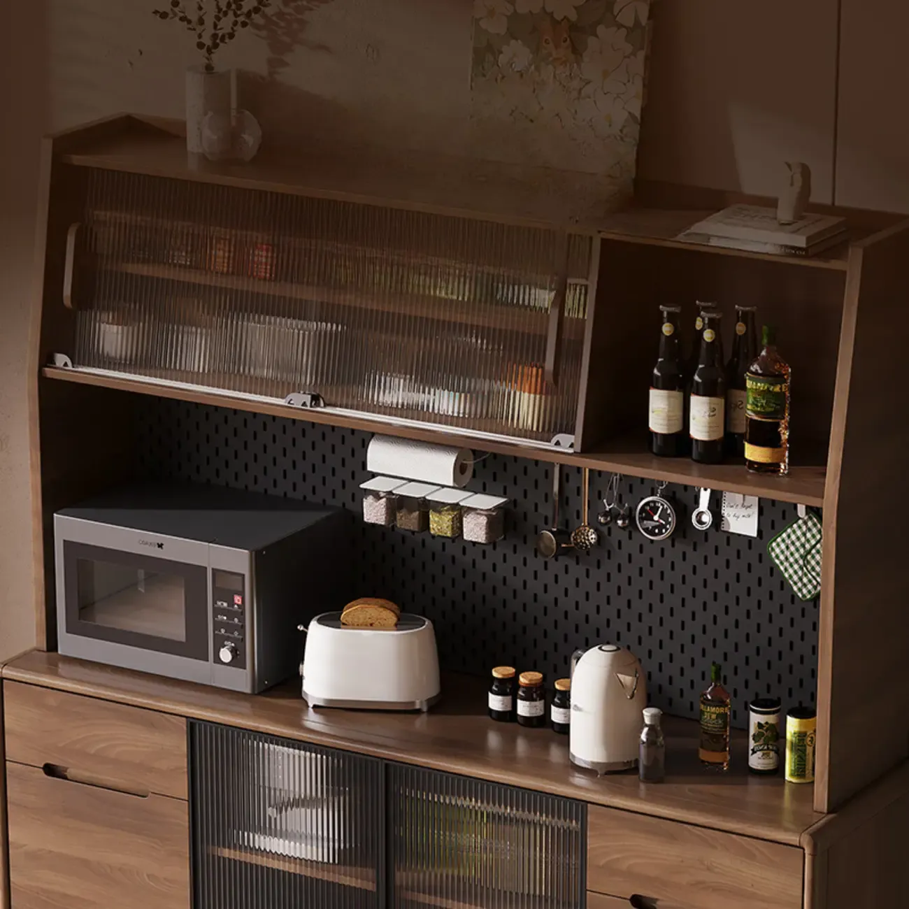 Kitchen Brown Wooden Hutch Top Sideboards with Pegboard Back