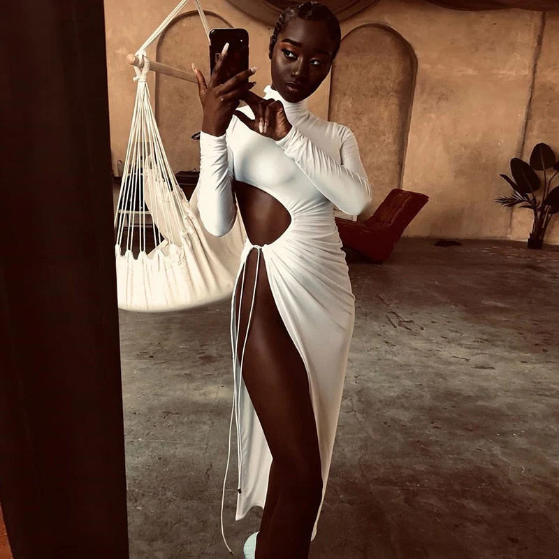 Autumn Women Sexy Elegant Dress Long Sleeve Turtleneck High Split Maxi Dress Solid Hollow Bandage Bodycon Club Sexy Dresses - Deanwangkt