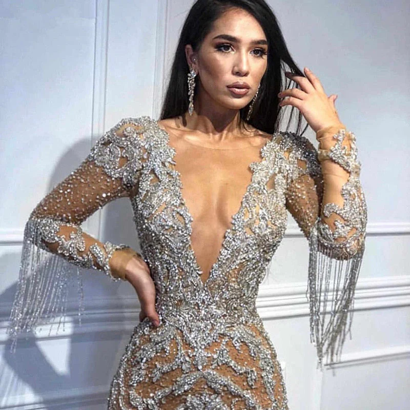 Hulianfu Luxury Tassel Evening Party Dress Women Sexy Elegant Fashion Long Sleeve V Neck Short Dresses - Deanwangkt