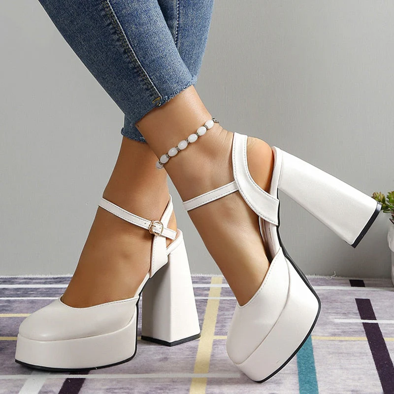 hulianfu White Super High Heels Mary Jane Shoes for Women  Summer Ankle Strap Platform Pumps Woman Slingback Thick Heeled Party Shoes - Deanwangkt