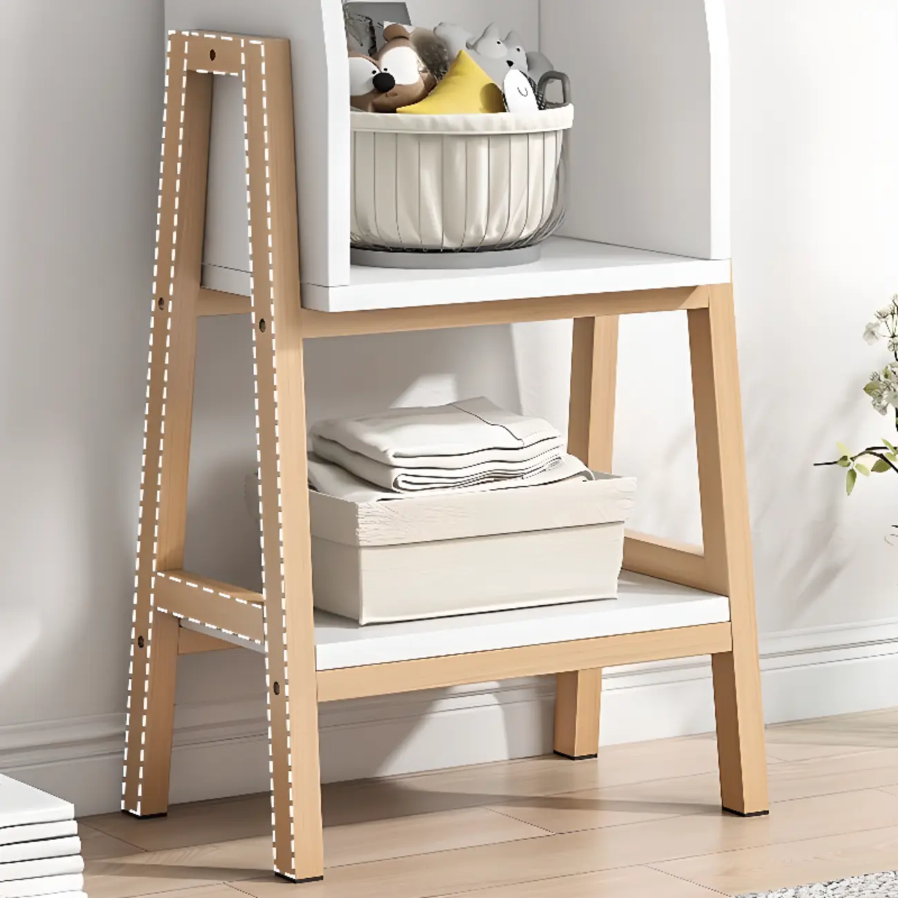 Narrow 2-Tier Natural White Wooden Ladder Bookcase
