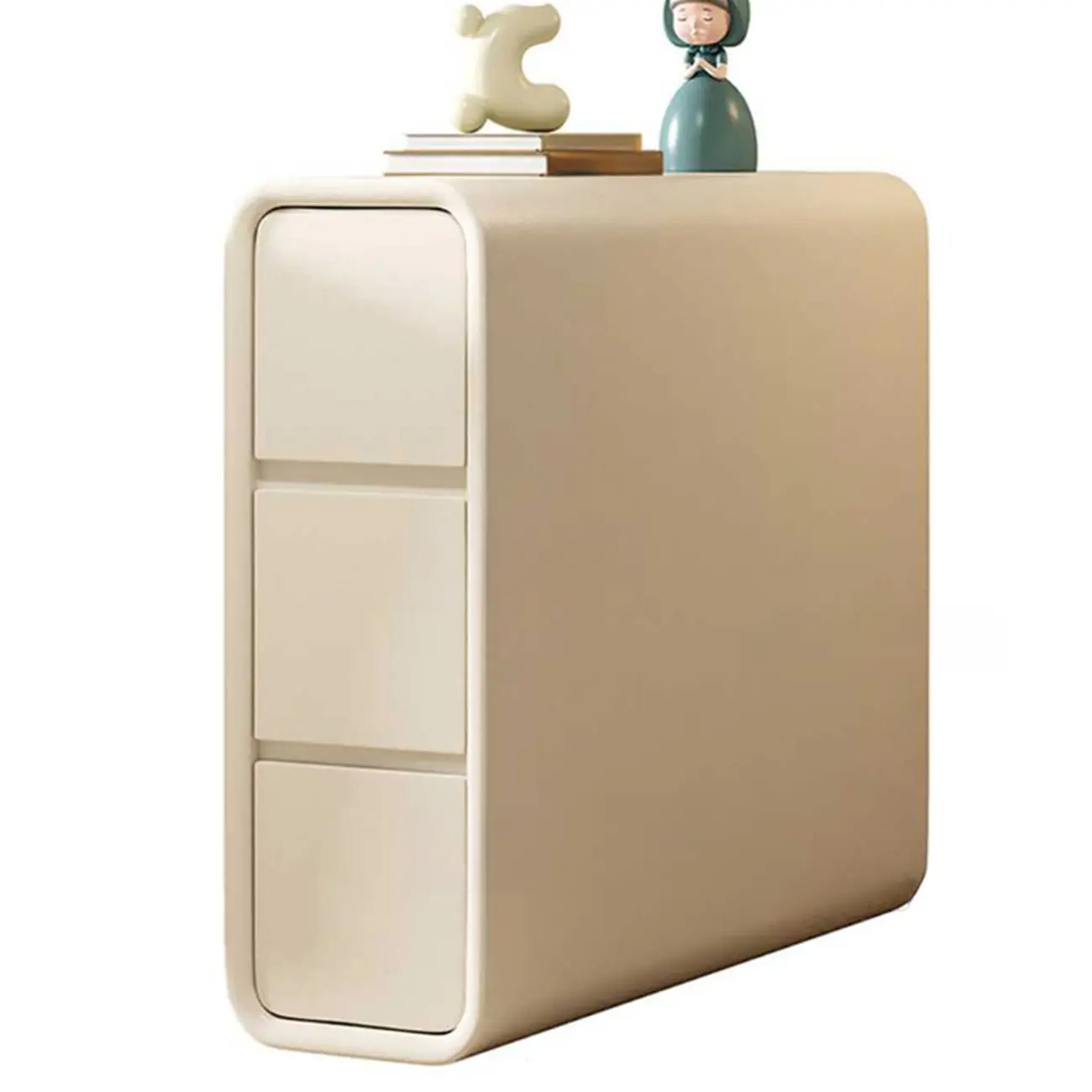 Sleek Rectangular Leather White 3 Drawers Narrow Side Table